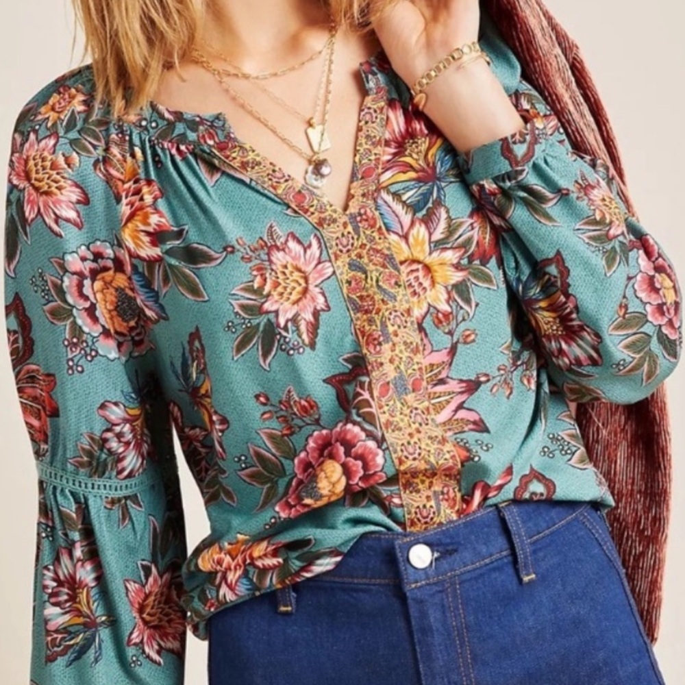 Farm Rio Paola Floral Boho Peasant Long Sleeve XS Top